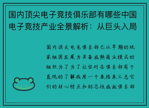 国内顶尖电子竞技俱乐部有哪些中国电子竞技产业全景解析：从巨头入局到生态布局